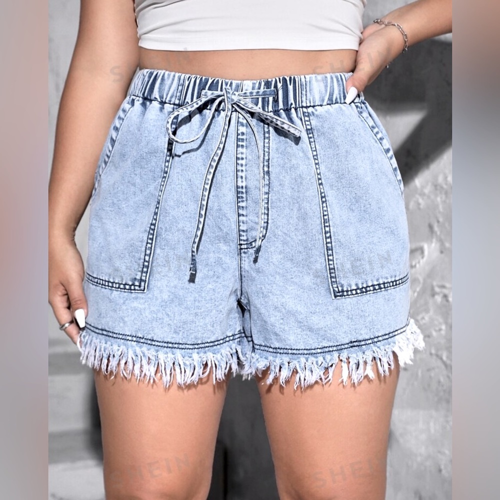 Light Wash Raw Cut Fringe Denim Drawstring Shorts